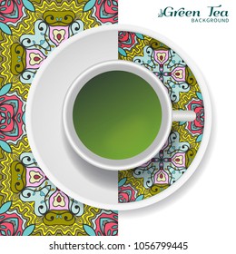 Cup of green tea with doodle ornament on a saucer and hand drawn seamless floral pattern. Business coffee break or tea time concept, interior background. Isolated cup and plate decor elements