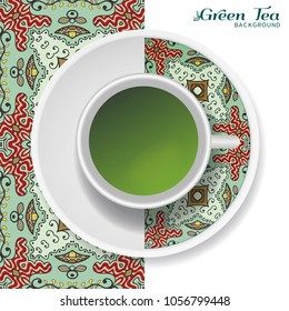 Cup of green tea with doodle ornament on a saucer and hand drawn seamless floral pattern. Business coffee break or tea time concept, interior background. Isolated cup and plate decor elements