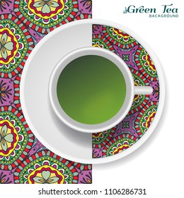 Cup of green tea with doodle ornament on a saucer and hand drawn seamless floral pattern. Business coffee break or tea time concept, interior background. Isolated cup and plate decor elements