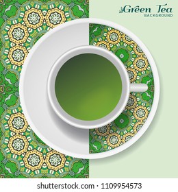Cup of green tea with doodle ornament on a saucer and hand drawn seamless floral pattern. Business coffee break or tea time concept, interior background. Isolated cup and plate decor elements