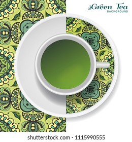 Cup of green tea with doodle ornament on a saucer and hand drawn seamless floral pattern. Business coffee break or tea time concept, interior background. Isolated cup and plate decor elements
