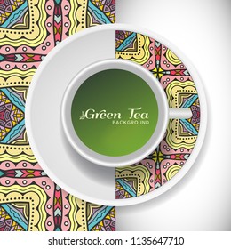 Cup of green tea with doodle ornament on a saucer and hand drawn seamless floral pattern. Business coffee break or tea time concept, interior background. Isolated cup and plate decor elements