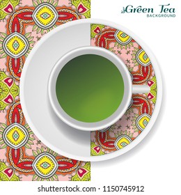 Cup of green tea with doodle ornament on a saucer and hand drawn seamless floral pattern. Business coffee break or tea time concept, interior background. Isolated cup and plate decor elements