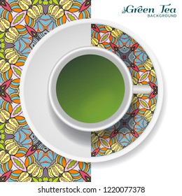 Cup of green tea with doodle ornament on a saucer and hand drawn seamless floral pattern. Business coffee break or tea time concept, interior background. Isolated cup and plate decor elements