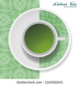 Cup of green tea with doodle ornament on a saucer and hand drawn seamless floral pattern. Business coffee break or tea time concept, interior background. Isolated cup and plate decor elements