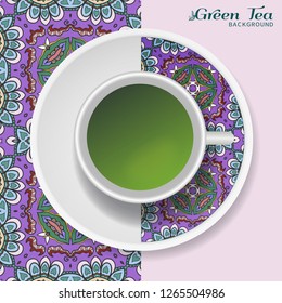Cup of green tea with doodle ornament on a saucer and hand drawn seamless floral pattern. Business coffee break or tea time concept, interior background. Isolated cup and plate decor elements