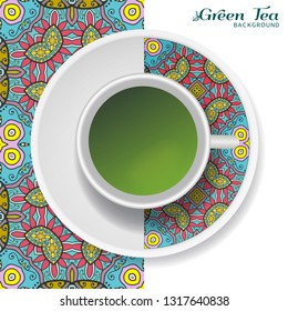 Cup of green tea with doodle ornament on a saucer and hand drawn seamless floral pattern. Business coffee break or tea time concept, interior background. Isolated cup and plate decor elements