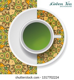 Cup of green tea with doodle ornament on a saucer and hand drawn seamless floral pattern. Business coffee break or tea time concept, interior background. Isolated cup and plate decor elements