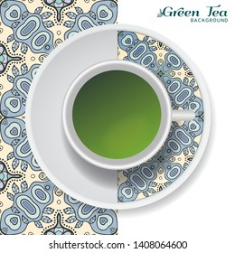 Cup of green tea with doodle ornament on a saucer and hand drawn seamless floral pattern. Business coffee break or tea time concept, interior background. Isolated cup and plate decor elements