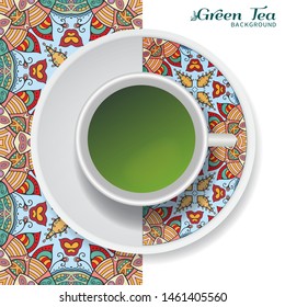 Cup of green tea with doodle ornament on a saucer and hand drawn seamless floral pattern. Business coffee break or tea time concept, interior background. Isolated cup and plate decor elements