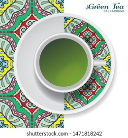 Cup of green tea with doodle ornament on a saucer and hand drawn seamless floral pattern. Business coffee break or tea time concept, interior background. Isolated cup and plate decor elements