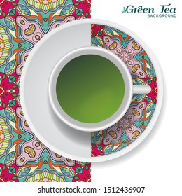 Cup of green tea with doodle ornament on a saucer and hand drawn seamless floral pattern. Business coffee break or tea time concept, interior background. Isolated cup and plate decor elements