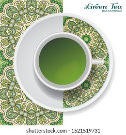 Cup of green tea with doodle ornament on a saucer and hand drawn seamless floral pattern. Business coffee break or tea time concept, interior background. Isolated cup and plate decor elements