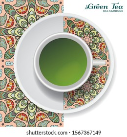 Cup of green tea with doodle ornament on a saucer and hand drawn seamless floral pattern. Business coffee break or tea time concept, interior background. Isolated cup and plate decor elements