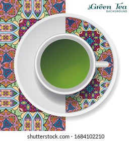 Cup of green tea with doodle ornament on a saucer and hand drawn seamless floral pattern. Business coffee break or tea time concept, interior background. Isolated cup and plate decor elements