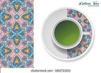 Cup of green tea with doodle ornament on a saucer and hand drawn seamless floral pattern. Business coffee break or tea time concept, interior background. Isolated cup and plate decor elements