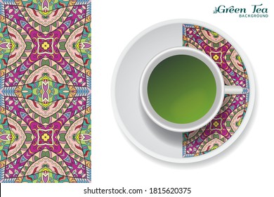 Cup of green tea with doodle ornament on a saucer and hand drawn seamless floral pattern. Business coffee break or tea time concept, interior background. Isolated cup and plate decor elements