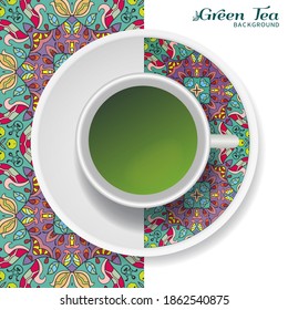 Cup of green tea with doodle ornament on a saucer and hand drawn seamless floral pattern. Business coffee break or tea time concept, interior background. Isolated cup and plate decor elements