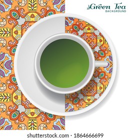 Cup of green tea with doodle ornament on a saucer and hand drawn seamless floral pattern. Business coffee break or tea time concept, interior background. Isolated cup and plate decor elements