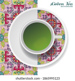 Cup of green tea with doodle ornament on a saucer and hand drawn seamless floral pattern. Business coffee break or tea time concept, interior background. Isolated cup and plate decor elements