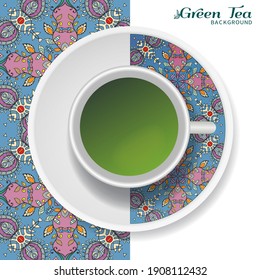 Cup of green tea with doodle ornament on a saucer and hand drawn seamless floral pattern. Business coffee break or tea time concept, interior background. Isolated cup and plate decor elements