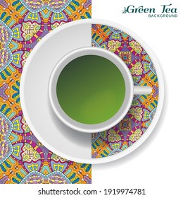 Cup of green tea with doodle ornament on a saucer and hand drawn seamless floral pattern. Business coffee break or tea time concept, interior background. Isolated cup and plate decor elements