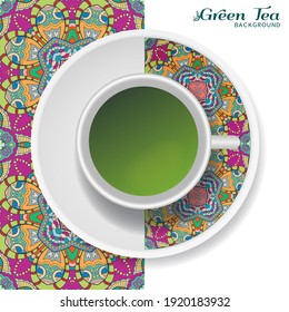 Cup of green tea with doodle ornament on a saucer and hand drawn seamless floral pattern. Business coffee break or tea time concept, interior background. Isolated cup and plate decor elements