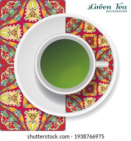Cup of green tea with doodle ornament on a saucer and hand drawn seamless floral pattern. Business coffee break or tea time concept, interior background. Isolated cup and plate decor elements