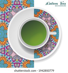 Cup of green tea with doodle ornament on a saucer and hand drawn seamless floral pattern. Business coffee break or tea time concept, interior background. Isolated cup and plate decor elements