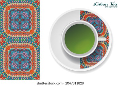 Cup of green tea with doodle ornament on a saucer and hand drawn seamless floral pattern. Business coffee break or tea time concept, interior background. Isolated cup and plate decor elements