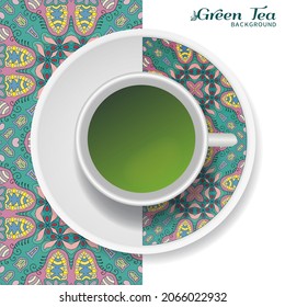 Cup of green tea with doodle ornament on a saucer and hand drawn seamless floral pattern. Business coffee break or tea time concept, interior background. Isolated cup and plate decor elements