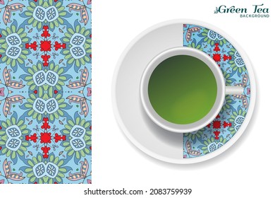 Cup of green tea with doodle ornament on a saucer and hand drawn seamless floral pattern. Business coffee break or tea time concept, interior background. Isolated cup and plate decor elements