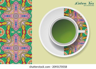 Cup of green tea with doodle ornament on a saucer and hand drawn seamless floral pattern. Business coffee break or tea time concept, interior background. Isolated cup and plate decor elements