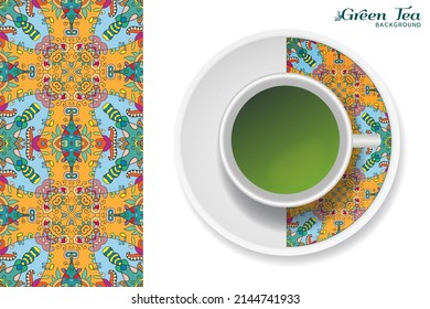 Cup of green tea with doodle ornament on a saucer and hand drawn seamless floral pattern. Business coffee break or tea time concept, interior background. Isolated cup and plate decor elements