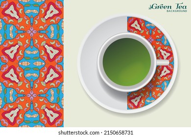 Cup of green tea with doodle ornament on a saucer and hand drawn seamless floral pattern. Business coffee break or tea time concept, interior background. Isolated cup and plate decor elements