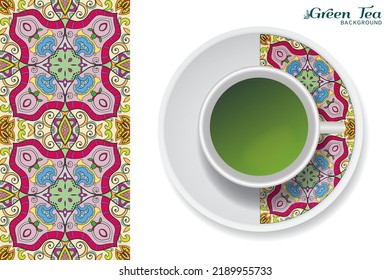 Cup of green tea with doodle ornament on a saucer and hand drawn seamless floral pattern. Business coffee break or tea time concept, interior background. Isolated cup and plate decor elements