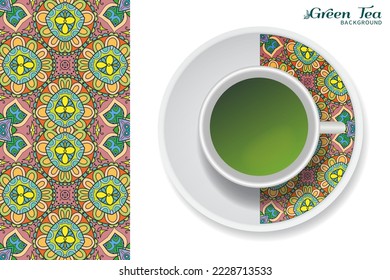 Cup of green tea with doodle ornament on a saucer and hand drawn seamless floral pattern. Business coffee break or tea time concept, interior background. Isolated cup and plate decor elements