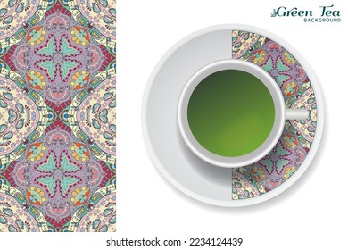 Cup of green tea with doodle ornament on a saucer and hand drawn seamless floral pattern. Business coffee break or tea time concept, interior background. Isolated cup and plate decor elements