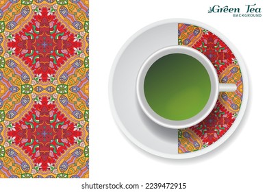 Cup of green tea with doodle ornament on a saucer and hand drawn seamless floral pattern. Business coffee break or tea time concept, interior background. Isolated cup and plate decor elements