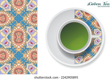 Cup of green tea with doodle ornament on a saucer and hand drawn seamless floral pattern. Business coffee break or tea time concept, interior background. Isolated cup and plate decor elements