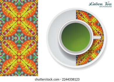 Cup of green tea with doodle ornament on a saucer and hand drawn seamless floral pattern. Business coffee break or tea time concept, interior background. Isolated cup and plate decor elements