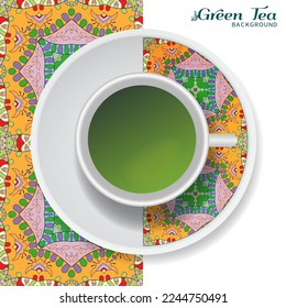 Cup of green tea with doodle ornament on a saucer and hand drawn seamless floral pattern. Business coffee break or tea time concept, interior background. Isolated cup and plate decor elements