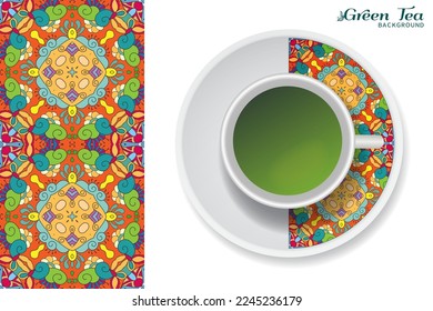 Cup of green tea with doodle ornament on a saucer and hand drawn seamless floral pattern. Business coffee break or tea time concept, interior background. Isolated cup and plate decor elements