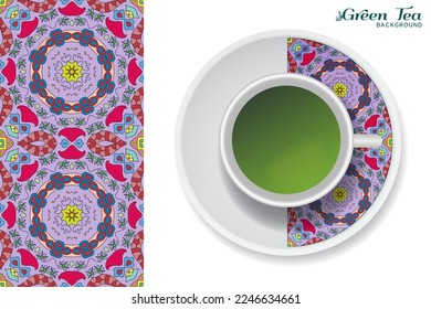 Cup of green tea with doodle ornament on a saucer and hand drawn seamless floral pattern. Business coffee break or tea time concept, interior background. Isolated cup and plate decor elements