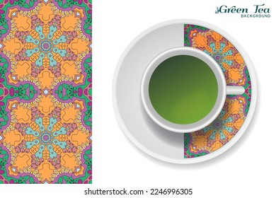 Cup of green tea with doodle ornament on a saucer and hand drawn seamless floral pattern. Business coffee break or tea time concept, interior background. Isolated cup and plate decor elements