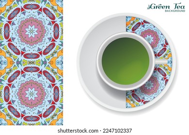 Cup of green tea with doodle ornament on a saucer and hand drawn seamless floral pattern. Business coffee break or tea time concept, interior background. Isolated cup and plate decor elements