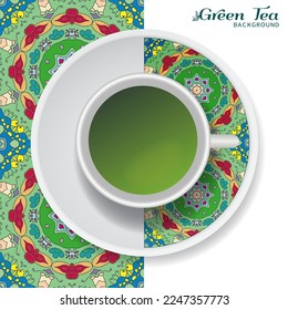 Cup of green tea with doodle ornament on a saucer and hand drawn seamless floral pattern. Business coffee break or tea time concept, interior background. Isolated cup and plate decor elements