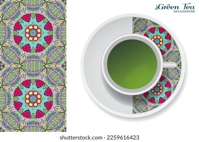 Cup of green tea with doodle ornament on a saucer and hand drawn seamless floral pattern. Business coffee break or tea time concept, interior background. Isolated cup and plate decor elements