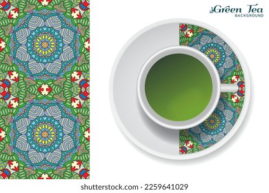 Cup of green tea with doodle ornament on a saucer and hand drawn seamless floral pattern. Business coffee break or tea time concept, interior background. Isolated cup and plate decor elements