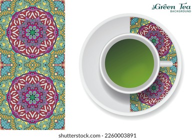 Cup of green tea with doodle ornament on a saucer and hand drawn seamless floral pattern. Business coffee break or tea time concept, interior background. Isolated cup and plate decor elements